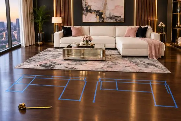Measuring a cream lounge footprint with blue floor tape next to blush pink cushions.