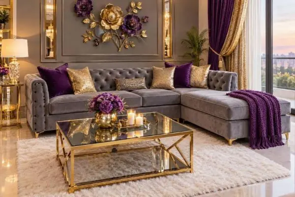 Grey tufted velvet corner seating styled with purple and gold pillows on a white rug.